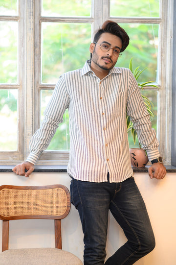White & Grey Stripe Cotton Slim Shirt - NamegStore